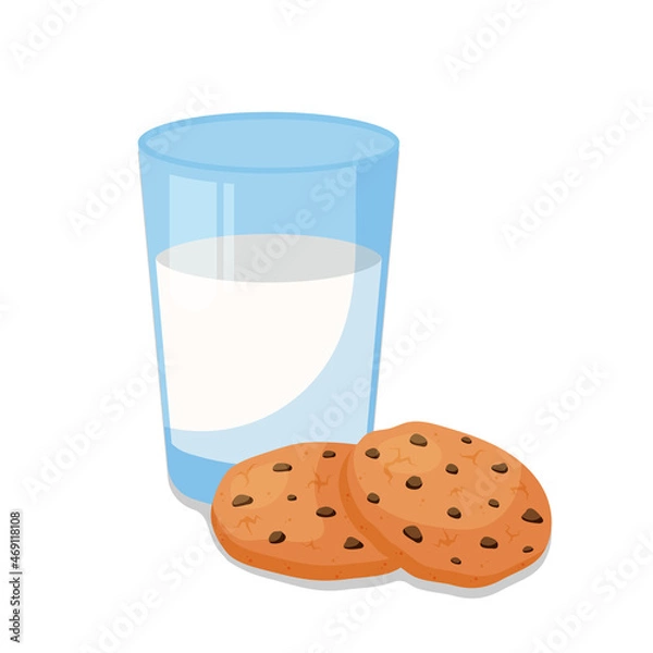 Obraz A glass of milk and two oatmeal cookies with chocolate chips. Vector illustration in flat cartoon style.