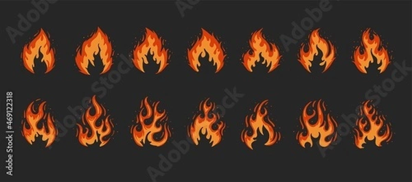 Fototapeta Cartoon fire flame icon collection vector. Red fire, fire element, fireball, heat wildfire, flame hand drawn vector illustration set.