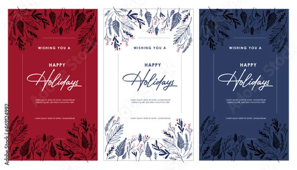 Obraz Christmas, Winter holiday graphic element set. Winter plants and berry with placeholder typography. Bundle elements of leaf, ornaments and text. Seasonal party invitation, greetings, corporate email 