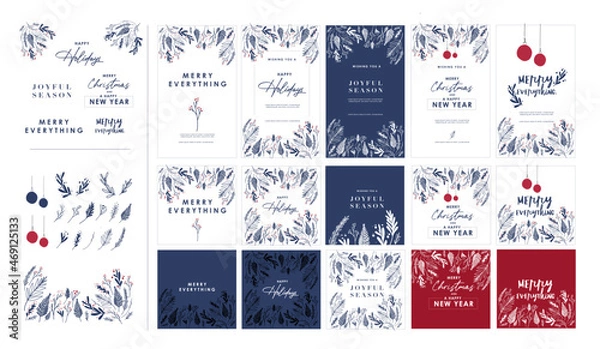 Obraz Christmas, Winter holiday graphic element set. Winter plants and berry with placeholder typography. Bundle elements of leaf, ornaments and text. Seasonal party invitation, greetings, corporate email 