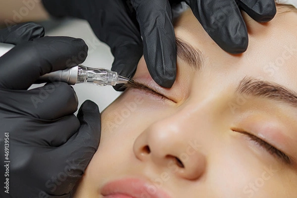 Fototapeta Permanent make up eyeliner procedure, applying on young girl. Close-up. Young beautiful woman making permanent makeup in cosmetology salon. Young girl applying permanent eyeliner in beauty studio
