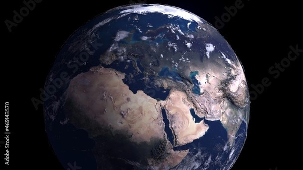 Obraz 8k Ultra HD 7640x4320. Panoramic view of earth, sun, star and galaxy. Sunrise over planet Earth, view from space. 3d rendering.
