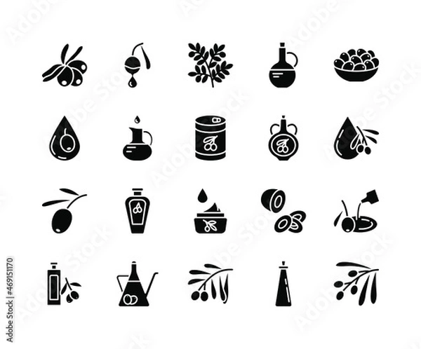 Fototapeta Olive products flat line icons set. Fresh tree fetuses and olive oil in bottles and jugs. Simple flat vector illustration for web site or mobile app