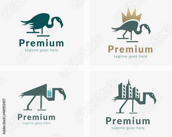 Obraz Minimal Egret Logo design set. Egret with King, Juice, and real estate egret Logo design.