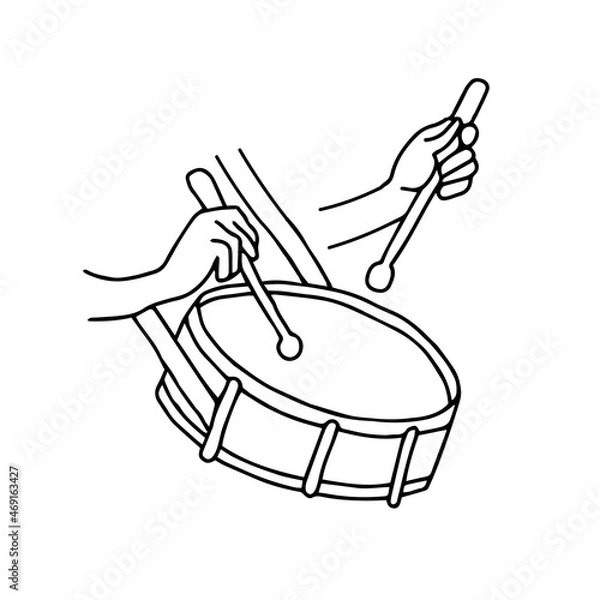 Fototapeta Beautiful hand-drawn black vector illustration of Two hands with drumsticks and one toy drum isolated on a white background for coloring book for children. musical instrument