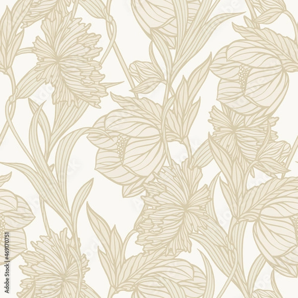 Fototapeta Seamless pattern with floral ornament. Vector flowers poppy, rose and carnation.