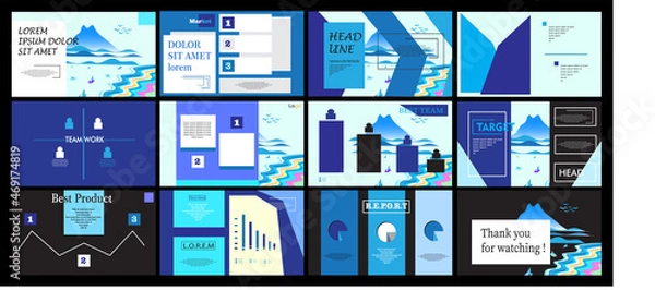 Fototapeta Powerpoint template set in blue and black colors. Interface, infographic, marketing template, presentation, brochure, banner, background. Web and landing page. 