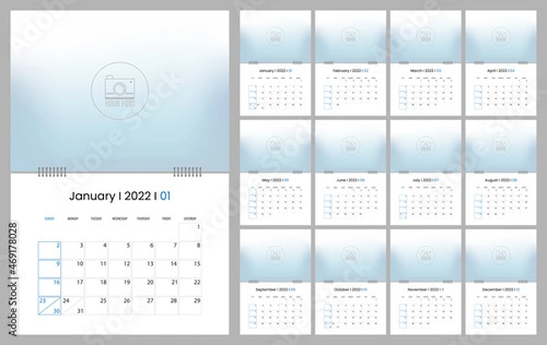 Fototapeta Calendar template for 2022, minimalist day planner, week starts on sunday