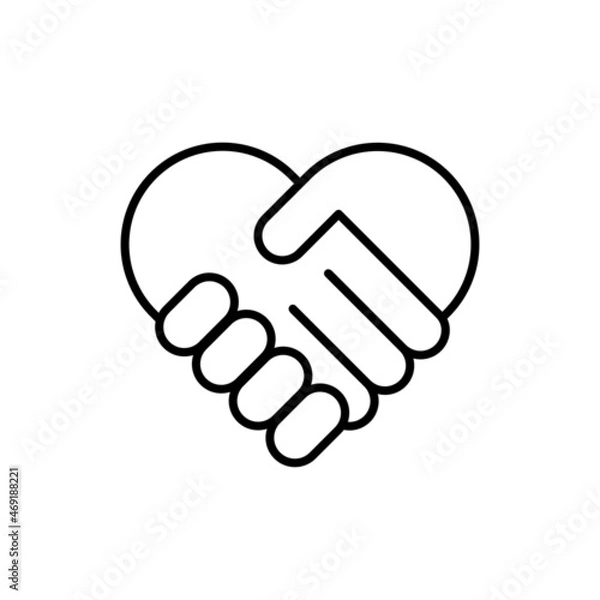 Fototapeta Handshake symbol forming a love heart black icon. Charity help concept. Trendy flat isolated outline symbol, sign used for: illustration, logo, mobile, app, design, web, dev, ux, gui. Vector EPS 10