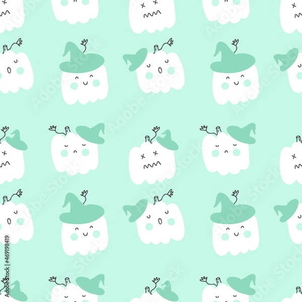 Fototapeta Halloween seamless pattern with pumpkins in witch hats. Perfect for T-shirt, textile and prints. Hand drawn illustration for decor and design.