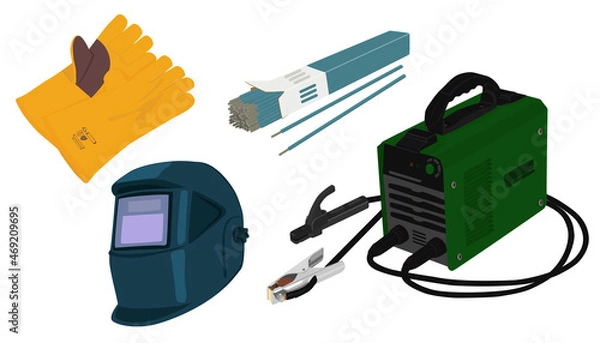 Obraz Set of a welding equipment - welding machine, mask, gloves, electrodes on a white background. Vector illustration.