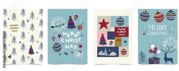 Fototapeta Collection of chritsmas background set with deer,firework,tree