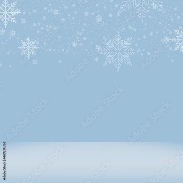 Fototapeta Christmas or Happy New Year background with snowing snowlakes on blue. Vector