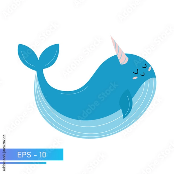 Obraz A kind blue whale in delicate blue colors, with a festive cap on his head. Proud and sweet. Vector illustration.