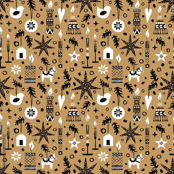 Obraz Vector monochrome seamless pattern in scandinavian folk style on transparent background. Perfect for christmas craft wrapping paper.