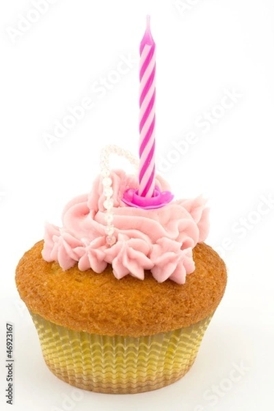Obraz cupcakes rosa con candelina di compleanno