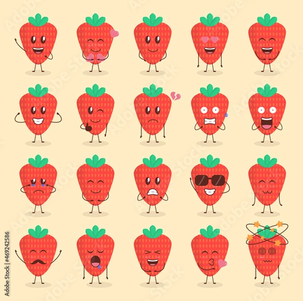 Obraz Colorful Cute Strawberry Cartoon Set with Various Expression