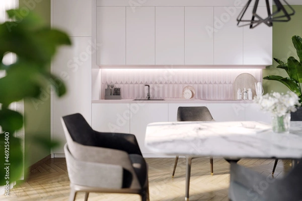 Obraz dining table in modern white kitchen interior, 3D illustration