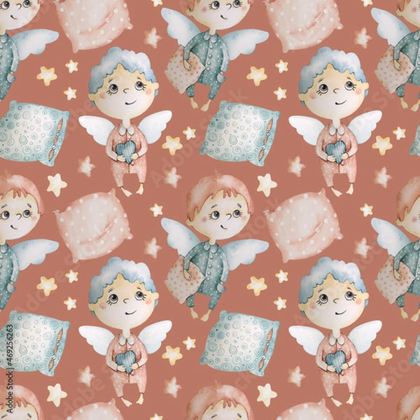 Fototapeta Christmas New Year seamless pattern painted with watercolors, angels, stars, pillows. Stylish, festive background for wrapping paper, cards, decor.