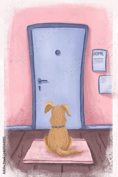 Obraz Cartoon illustration of a sad puppy is waiting for the host by the door