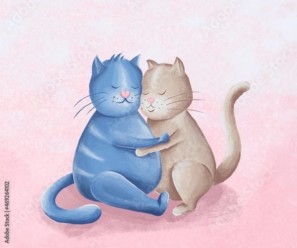 Obraz Loving couple of cute cats hugging. Happy Valentine's Day. Hand drawn  illustration suitable for banner, invitation, poster, greeting card.
