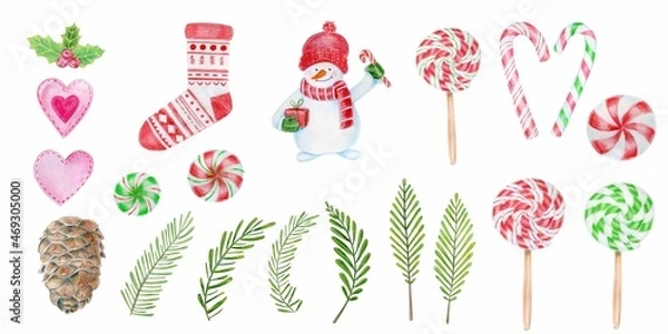 Obraz Watercolor Christmas object collection with christmas tree,snowman. Illustration for icon,logo,sticker,printable.