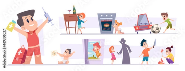 Fototapeta Dangerous situation. Place in home with children attention danger electricity stranger dangerous places on window exact vector risk games