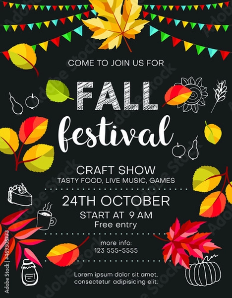 Fototapeta Fall festival announcing poster template with food icons and colorful leaves, black background with decorative details.