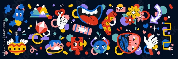 Fototapeta Comic shape cartoon doodles, funny faces and abstract patterns, objects and flowers. Vector mountains, food and puzzles, hearts and cute characters, eyes, clouds and socks. Diamond and socket plug