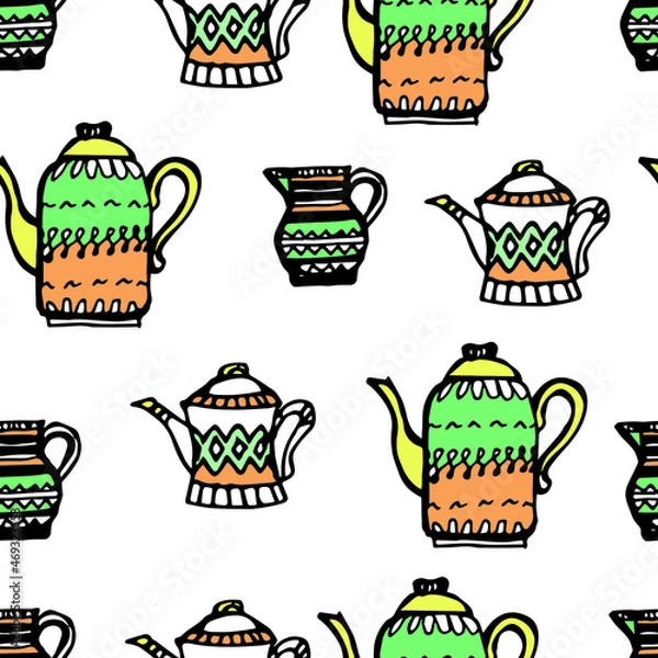 Obraz Pettern: teapots, dishes, cups. Vector illustration