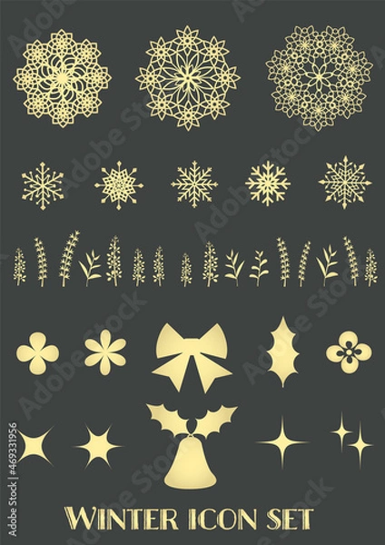 Fototapeta 冬に使えるアイコンセット：レース・雪の結晶・植物・ヒイラギ・リボン・光など