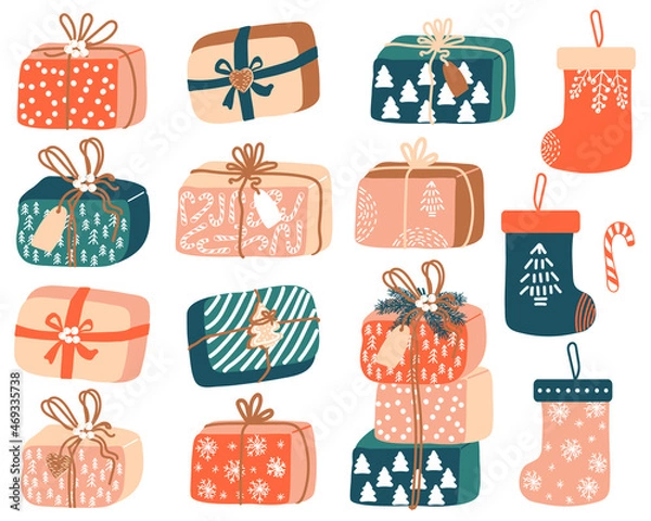 Obraz Vector set of presents. Christmas stockings. Gift boxes  with ribbon, beads, branches of spruce and tag.   Ideal for Happy New Year cards, flyers, posters.