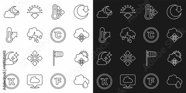 Fototapeta Set line Cloud with rain, snow and sun, Meteorology thermometer, lightning, moon and Celsius icon. Vector