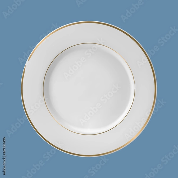 Fototapeta Ceramic plate with gold border. Mock up. Blank for logo or text placement. Vector illustration. Isolated monochromatic background

