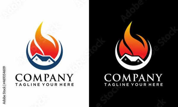 Fototapeta Home fire flame logo design vector template on a black and white background.