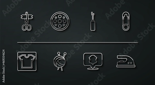 Obraz Set line Scissors, Sewing pattern, Safety pin, Leather, Yarn ball with knitting needles, button, Electric iron and Awl tool icon. Vector
