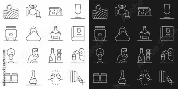 Fototapeta Set line Wine tasting, degustation, Sommelier, Book about wine, Cheese, Sun and cloud weather, Fermentation of grapes, Vineyard and Old bottle icon. Vector