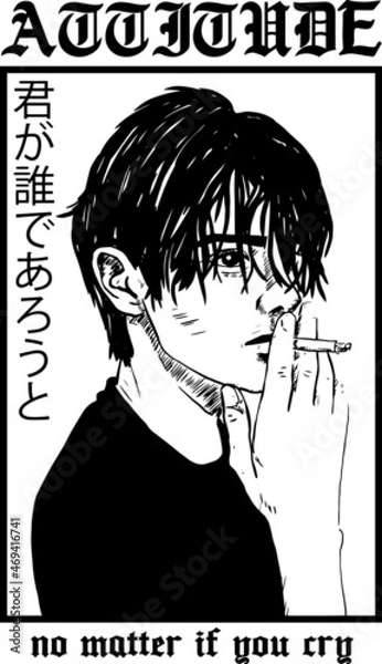 Obraz mange style face with japanese slogan Translation: "No matter who you are ." Vector design for t-shirt graphics, banner, fashion prints, slogan tees, stickers and other creative uses	
