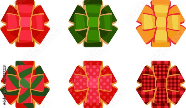 Obraz Red, green, and gold Christmas present bows. Isolated vector illustrations.