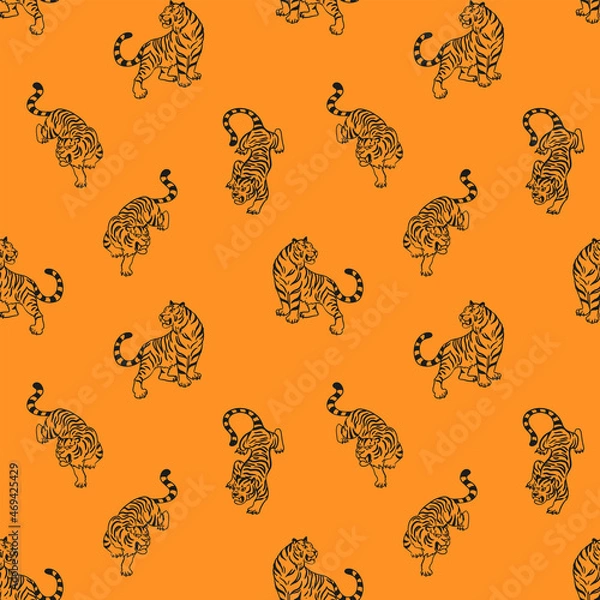 Obraz Seamless pattern with graphic tigers. Black and orange predatory wild cats. Vector Print for fabric, clothing, wrapping paper, wallpaper, textile.