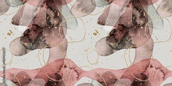 Fototapeta Seamless watercolor abstract organic blob shape overlay w gold lines and flecks border pattern. High quality illustration. Wet paint wash with metallic glitter strips. Repeat surface design for print