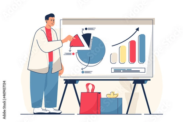 Obraz Sales performance concept for web banner. Man analyzes financial data, makes presentation, business statistics modern person scene. Vector illustration in flat cartoon design with people characters