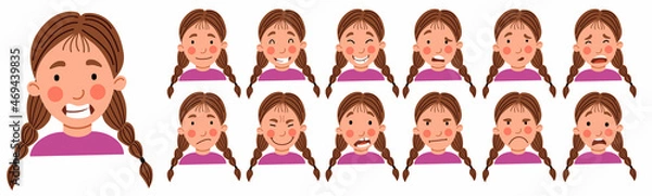 Fototapeta A set of female emotions. The expression on his face. the girl with pigtails is an Avatar . Vector illustration of a flat drawing on a white isolated background.