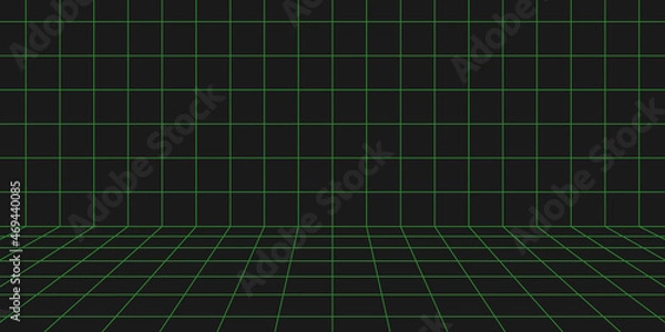 Fototapeta 3d wireframe grid room. 3d perspective laser grid. Cyberspace black background with green mesh. Futuristic digital wall in virtual reality. Vector illustration.