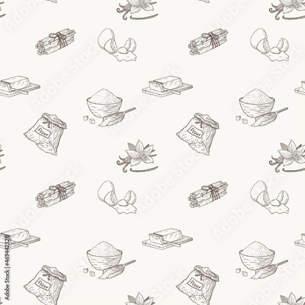 Fototapeta Baking Ingredients Seamless Pattern. Hand drawn food sketches ornament for background, wrapping paper, wallpaper, bakery menu design and decoration