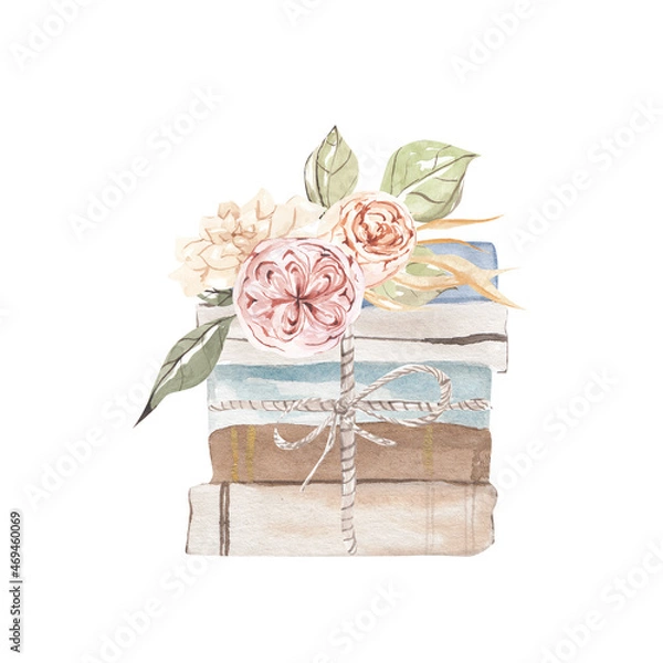 Fototapeta Vintage books with flowers watercolor illustration on white background