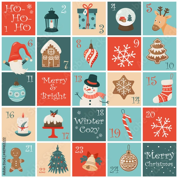 Fototapeta Christmas advent calendar with hand drawn elements. Xmas Poster. Vector illustration