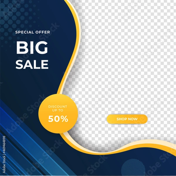 Fototapeta Modern blue yellow sale post template design background. Flash sale, Christmas, Valentine, New Year, Summer sale. Suitable for social media, presentation, flyer, poster, invitation, web internet ads.