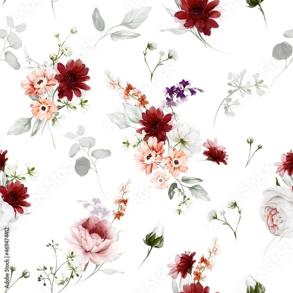 Obraz Seamless floral pattern with bouquets of flowers in a watercolor style