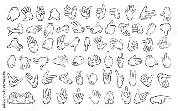 Fototapeta Set of different gestures of hands in gloves in a linear style.